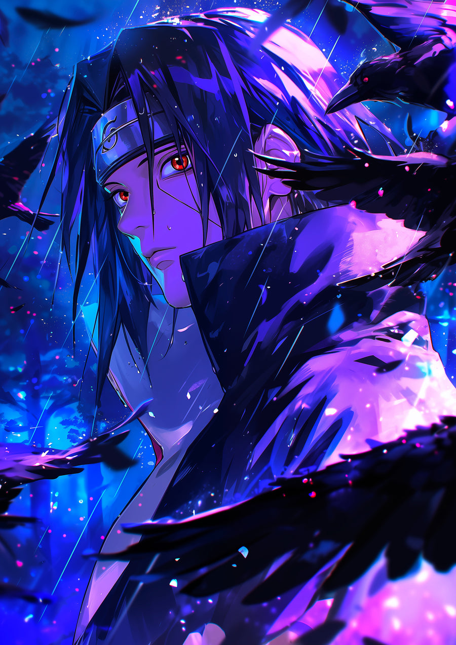 Sasuke Uchiha – Sharingan - sasuke in violet light, sharingan lit, on a metal wall art plate
