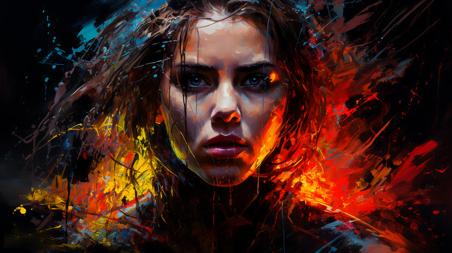 Scarlet – Paint Splash - a woman in profile with red energy tearing across the frame, on a metal wall art plate