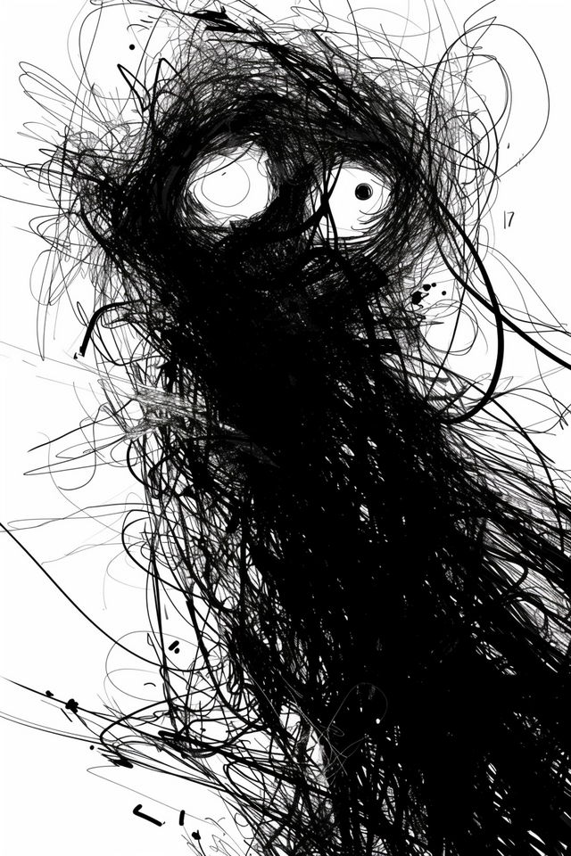 Scribble - a dense knot of scribbled line with two white eyes staring out of it, on a metal wall art plate