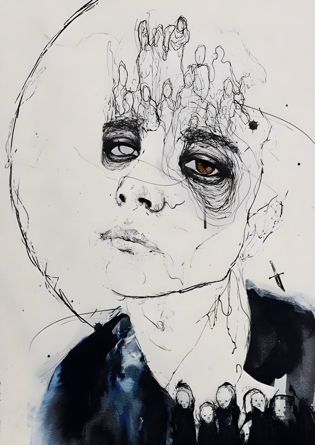 Scribbled Portrait - a portrait drawn in nervous scribble, one eye finished in colour and the collar in blue wash, on a metal wall art plate