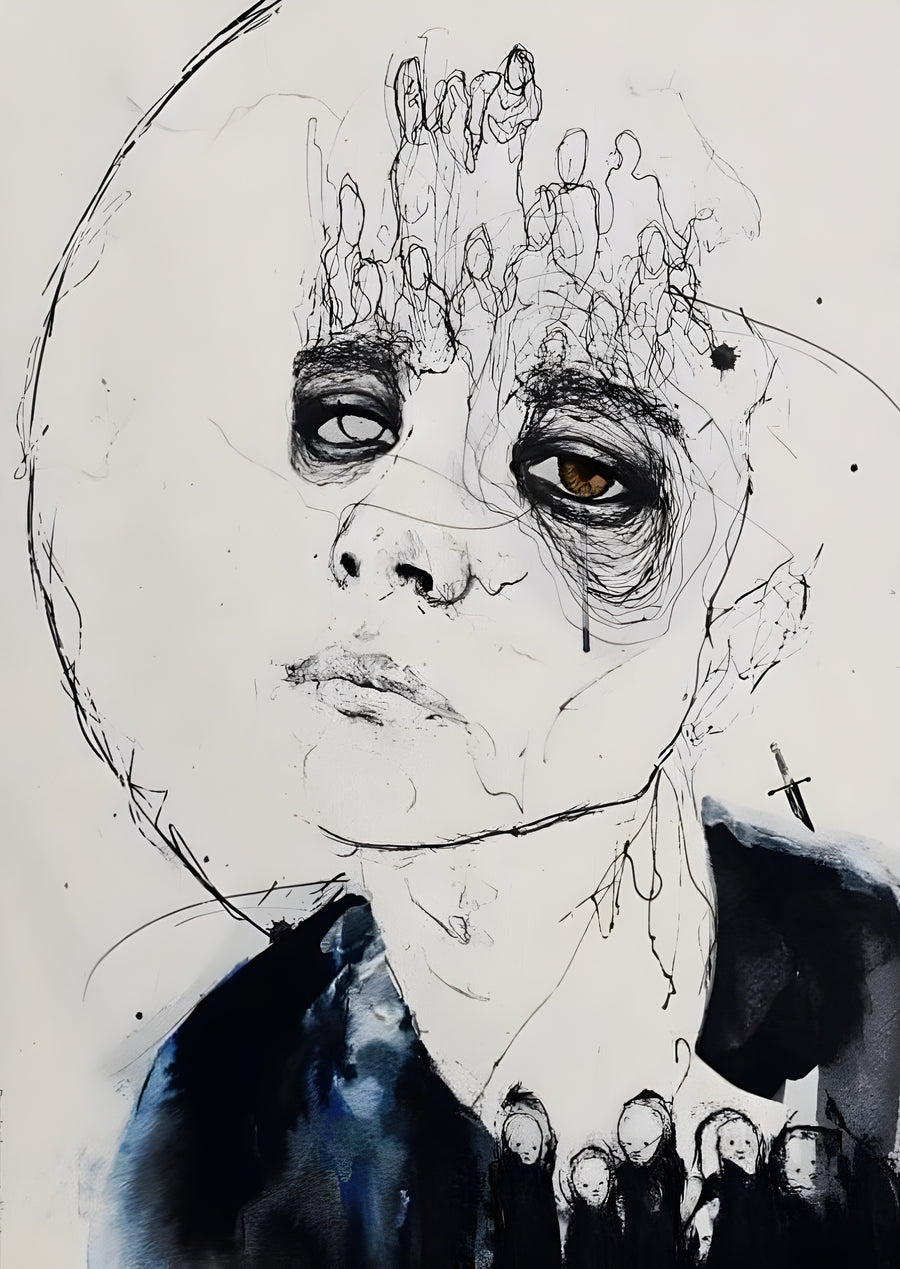 Scribbled Portrait - a portrait drawn in nervous scribble, one eye finished in colour and the collar in blue wash, on a metal wall art plate