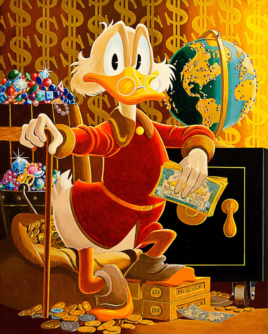 Scrooge – The Counting House - a painted scene of the richest duck in the world at his open safe, globe at his shoulder and, on a metal wall art plate