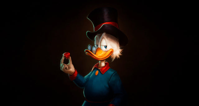 Scrooge – The Lucky Dime - the old duck in his top hat lit only by the coin in his hand, everything else dropped into, on a metal wall art plate