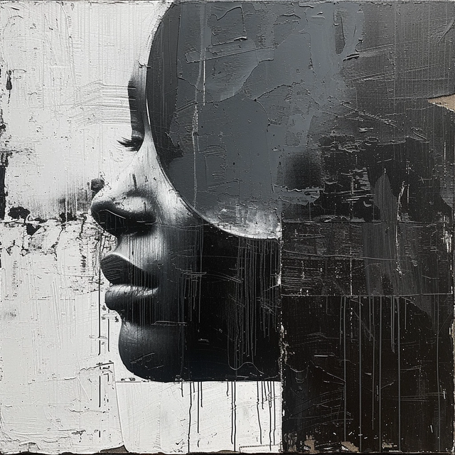 Shadow Profile - a textured black profile emerges against a rough white ground