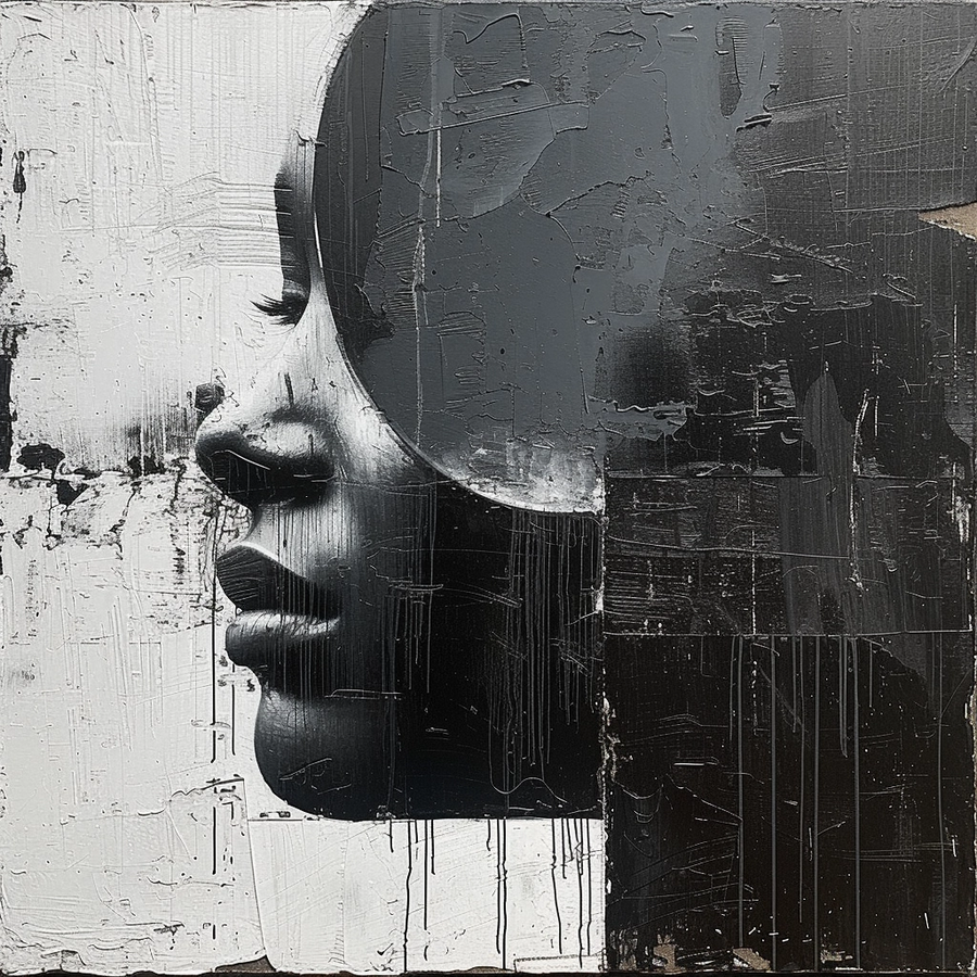 Shadow Profile - a textured black profile emerges against a rough white ground