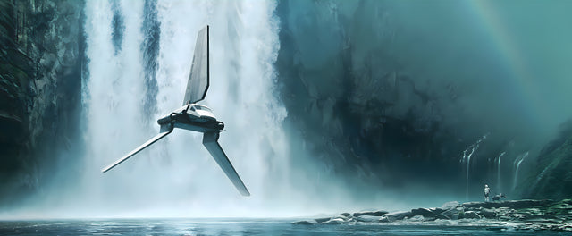 Ship at the Falls - a small craft banking in front of an enormous waterfall, on a metal wall art plate