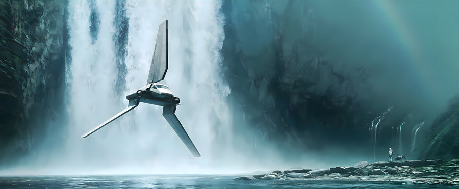 Ship at the Falls - a small craft banking in front of an enormous waterfall, on a metal wall art plate