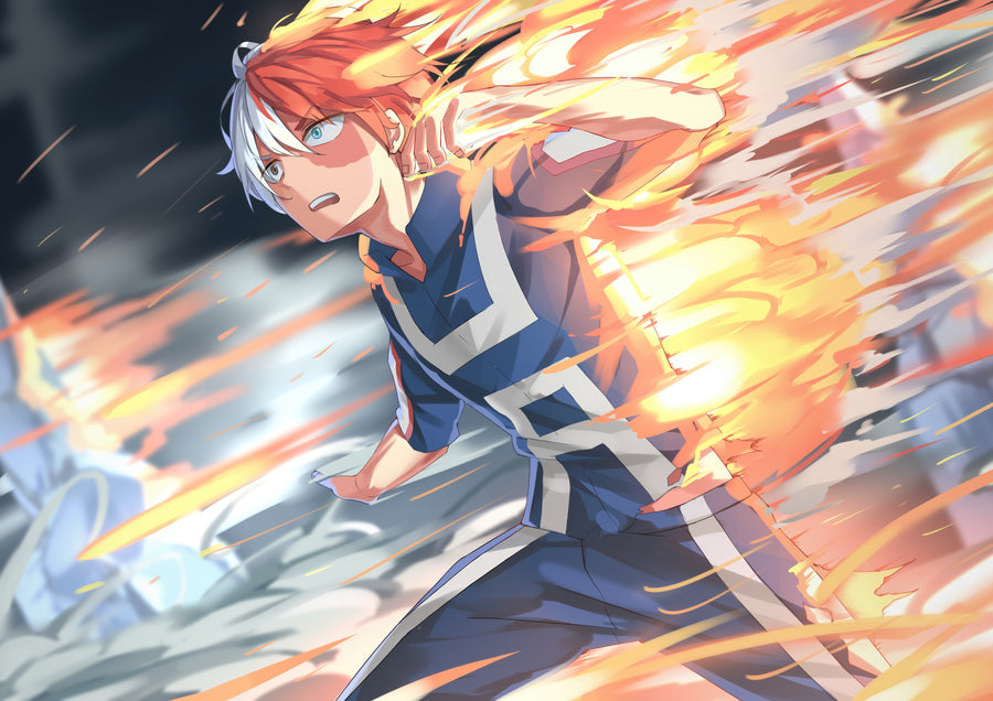 Shoto Todoroki – Ice - todoroki throwing fire and ice at once, painted in motion, on a metal wall art plate