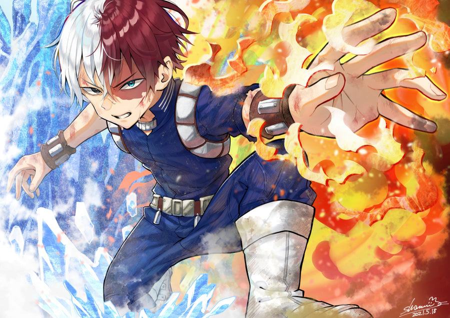 Shoto Todoroki – In Flame - todoroki with ice on one side and fire on the other, painted loose, on a metal wall art plate