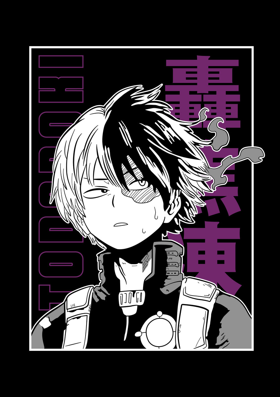 Shoto Todoroki – Manga Panel - todoroki in manga line with his name in purple kanji, on a metal wall art plate