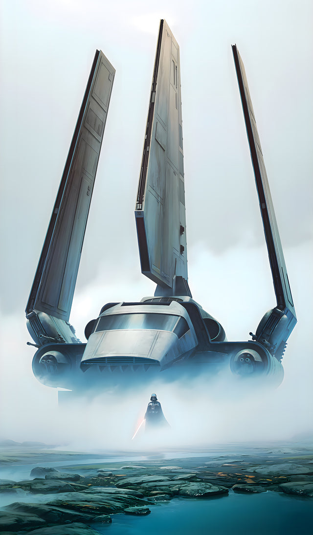 Shuttle Landing - an imperial shuttle coming down through fog, a caped figure waiting on the water, on a metal wall art plate