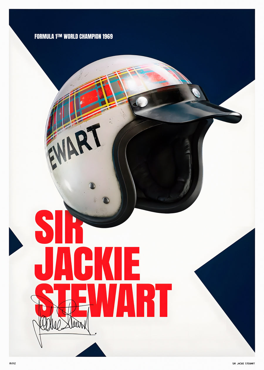 Sir Jackie Stewart – Helmet Poster - the open-face helmet with its tartan band, set against navy and white blocks and captioned, on a metal wall art plate
