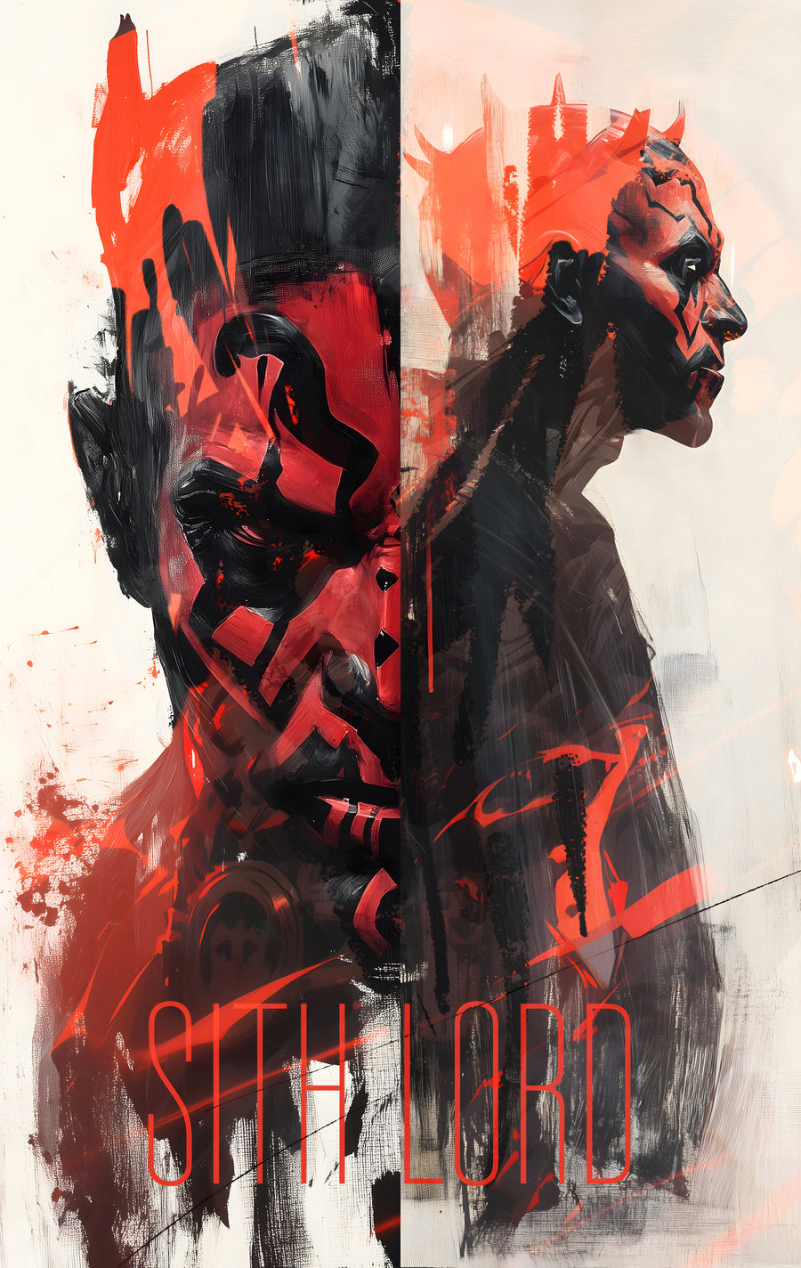 Sith Lord – Red and Black - a horned face split across the frame in black, red and bare paper, on a metal wall art plate