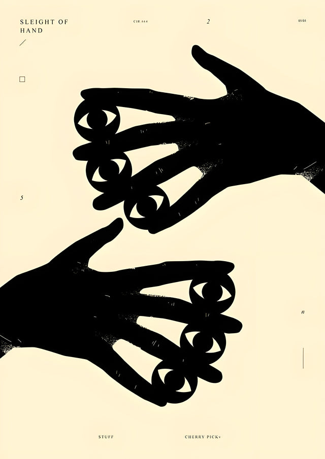 Sleight of Hand - two black hands with eyes drawn into the fingers, set on cream with small printed type, on a metal wall art plate
