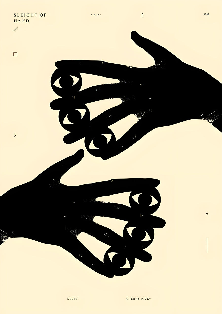 Sleight of Hand - two black hands with eyes drawn into the fingers, set on cream with small printed type, on a metal wall art plate