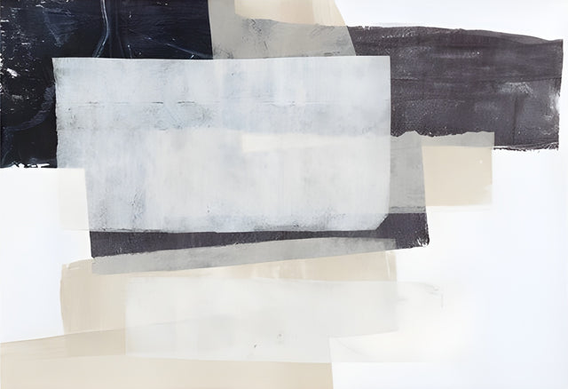 Soft Collage - stacked rectangles of navy, stone and cream, edges left soft where they overlap, on a metal wall art plate