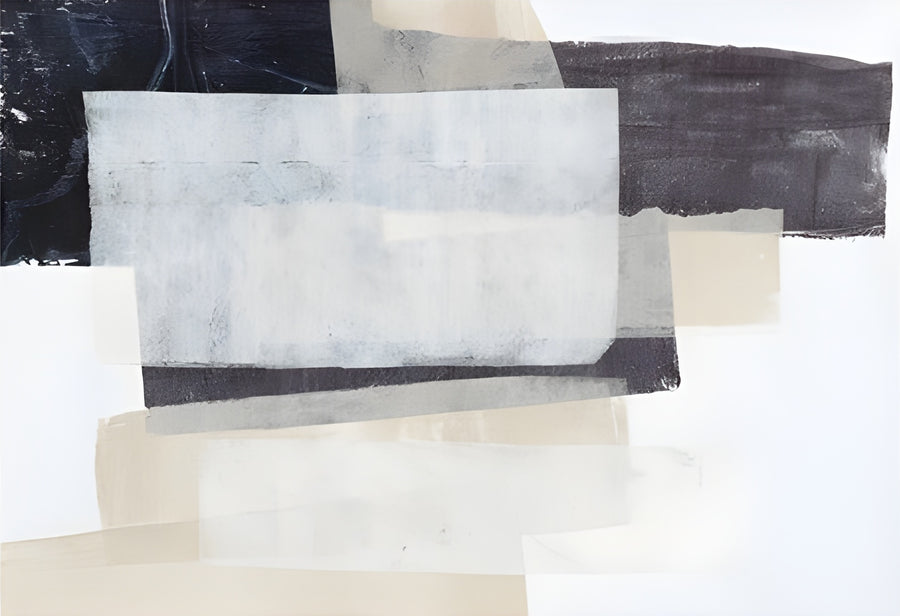 Soft Collage - stacked rectangles of navy, stone and cream, edges left soft where they overlap, on a metal wall art plate