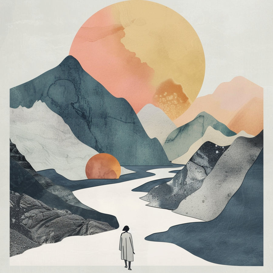 Solitary Mountain Path - a lone figure stands before a winding white river surrounded by layered slate mountains and soft peach-gold suns