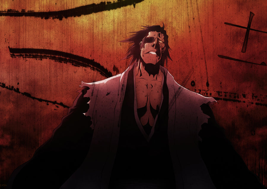 Sosuke Aizen – In White - aizen in white, lit low against rust and shadow, on a metal wall art plate