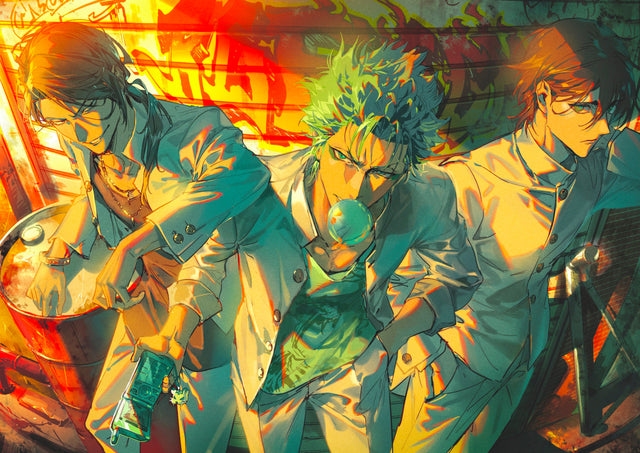 Soul Reapers – In Gold - three characters drawn in split teal and gold light, on a metal wall art plate