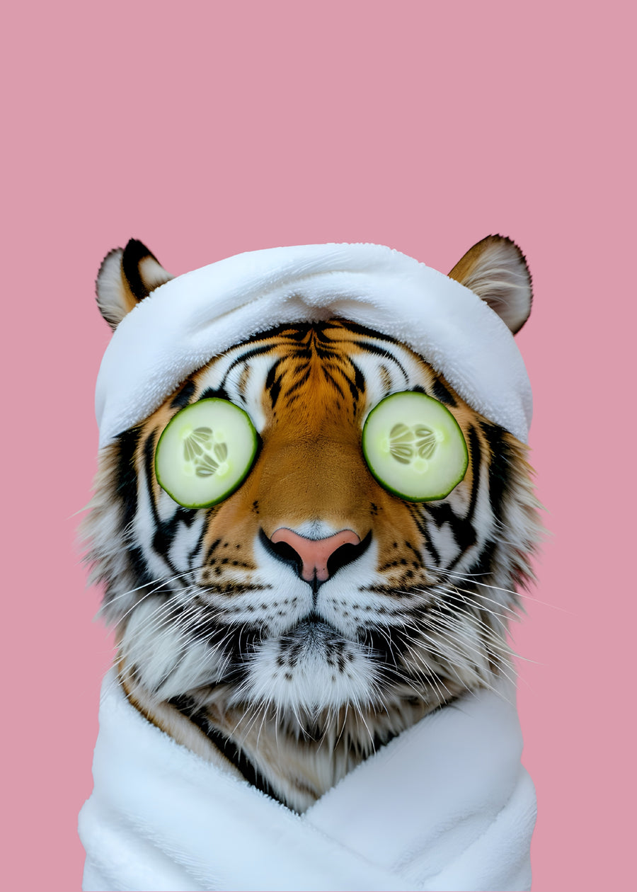 Spa Day Tiger - a tiger in a bath towel with cucumber over each eye, on hot pink, on a metal wall art plate