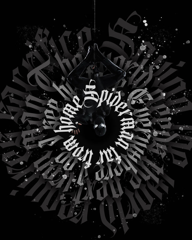Spider-Man – Black Calligraphy - dropping through a spiral of grey blackletter on black, on a metal wall art plate