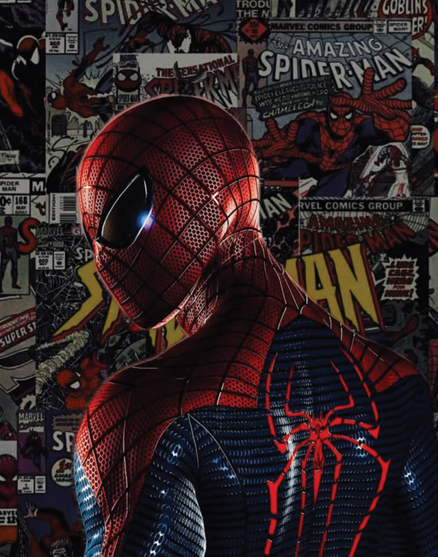 Spider-Man – Comic Wall - the suit in profile against a wall papered with old comic covers, on a metal wall art plate
