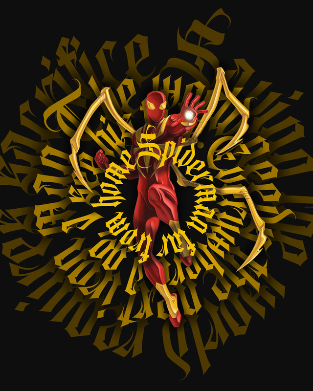 Spider-Man – Gold Calligraphy - the figure at the centre of a spiral of blackletter lettering in gold, on a metal wall art plate