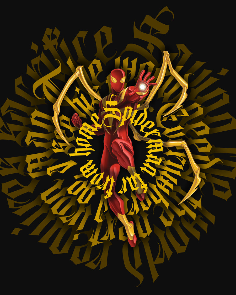 Spider-Man – Gold Calligraphy - the figure at the centre of a spiral of blackletter lettering in gold, on a metal wall art plate