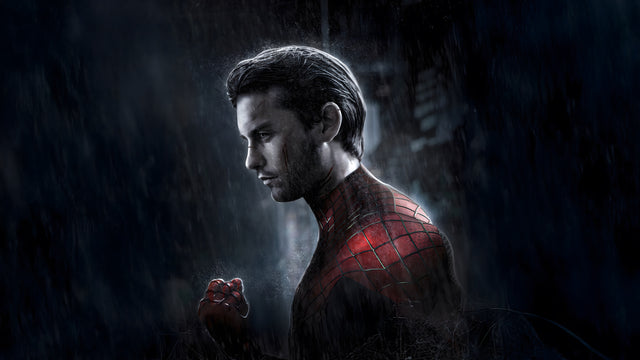 Spider-Man – In the Rain - the mask half off in heavy rain, fist clenched, on a metal wall art plate
