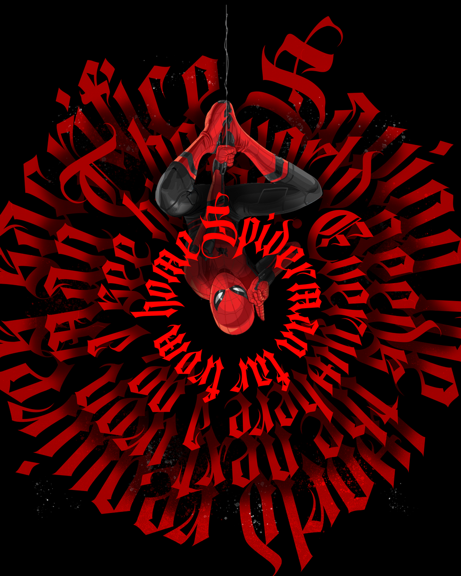 Spider-Man – Red Calligraphy - hanging upside down inside a spiral of red blackletter, on a metal wall art plate