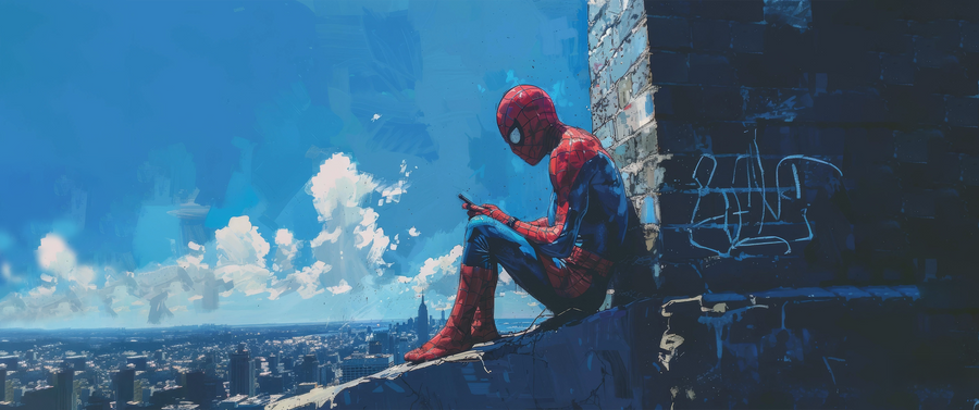 Spider-Man – Rooftop Rest - spider-Man sat against a wall on a rooftop, the city spread out under a bright sky, on a metal wall art plate