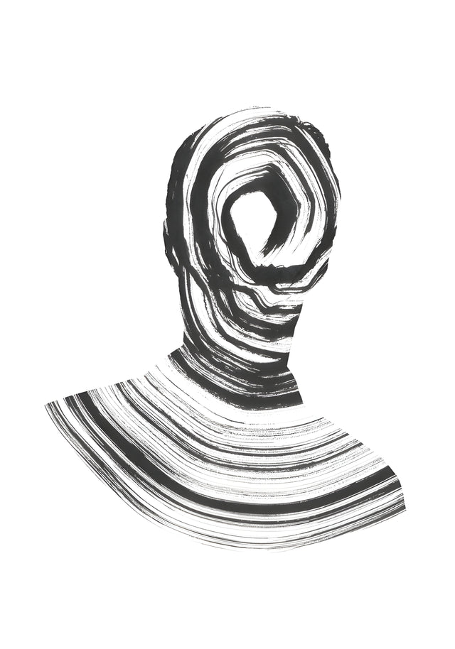 Spiral Head - a bust whose head is a single spiralling brushstroke, the shoulders combed into stripes, on a metal wall art plate