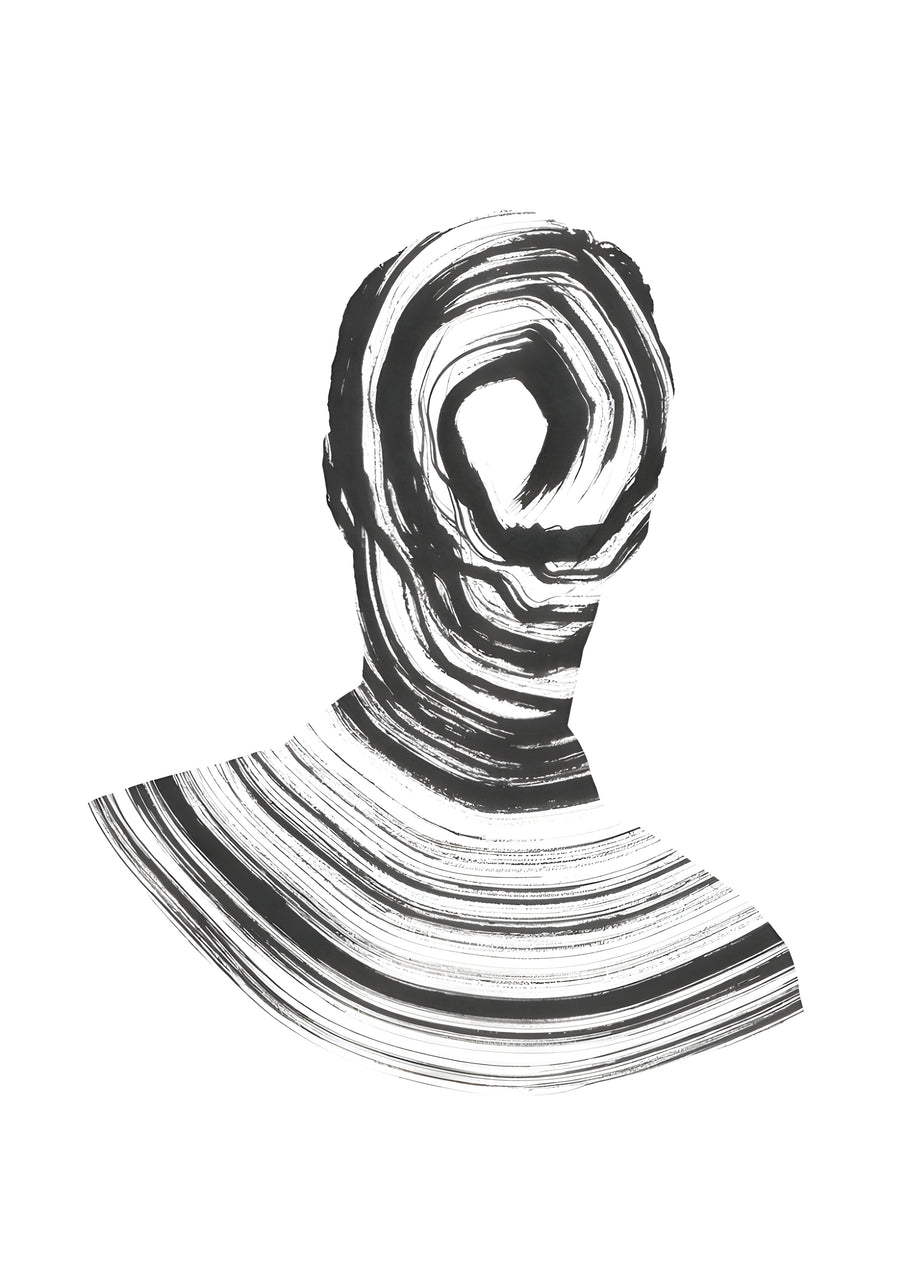 Spiral Head - a bust whose head is a single spiralling brushstroke, the shoulders combed into stripes, on a metal wall art plate