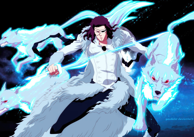 Spirit Wolves – Spirit Wolves - a figure flanked by two spectral white wolves in blue light, on a metal wall art plate