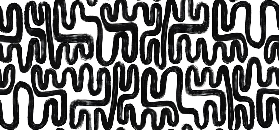 Squiggle Field - rows of black squiggles filling the frame, hand-drawn and never quite repeating, on a metal wall art plate