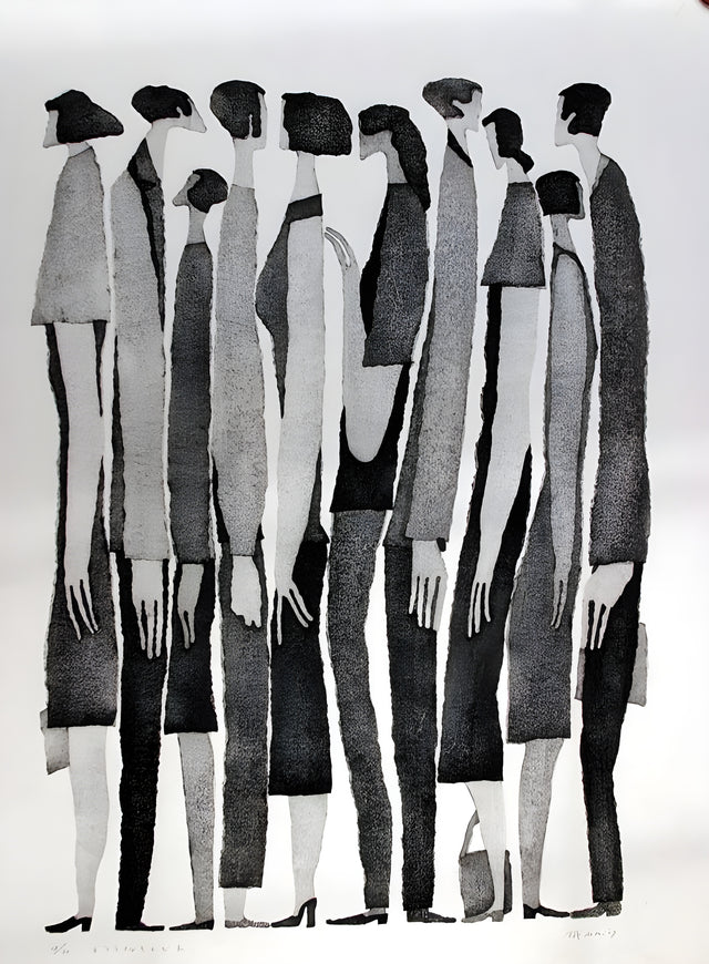 Standing Figures - a row of figures painted in greys, heads cropped by the top edge, on a metal wall art plate