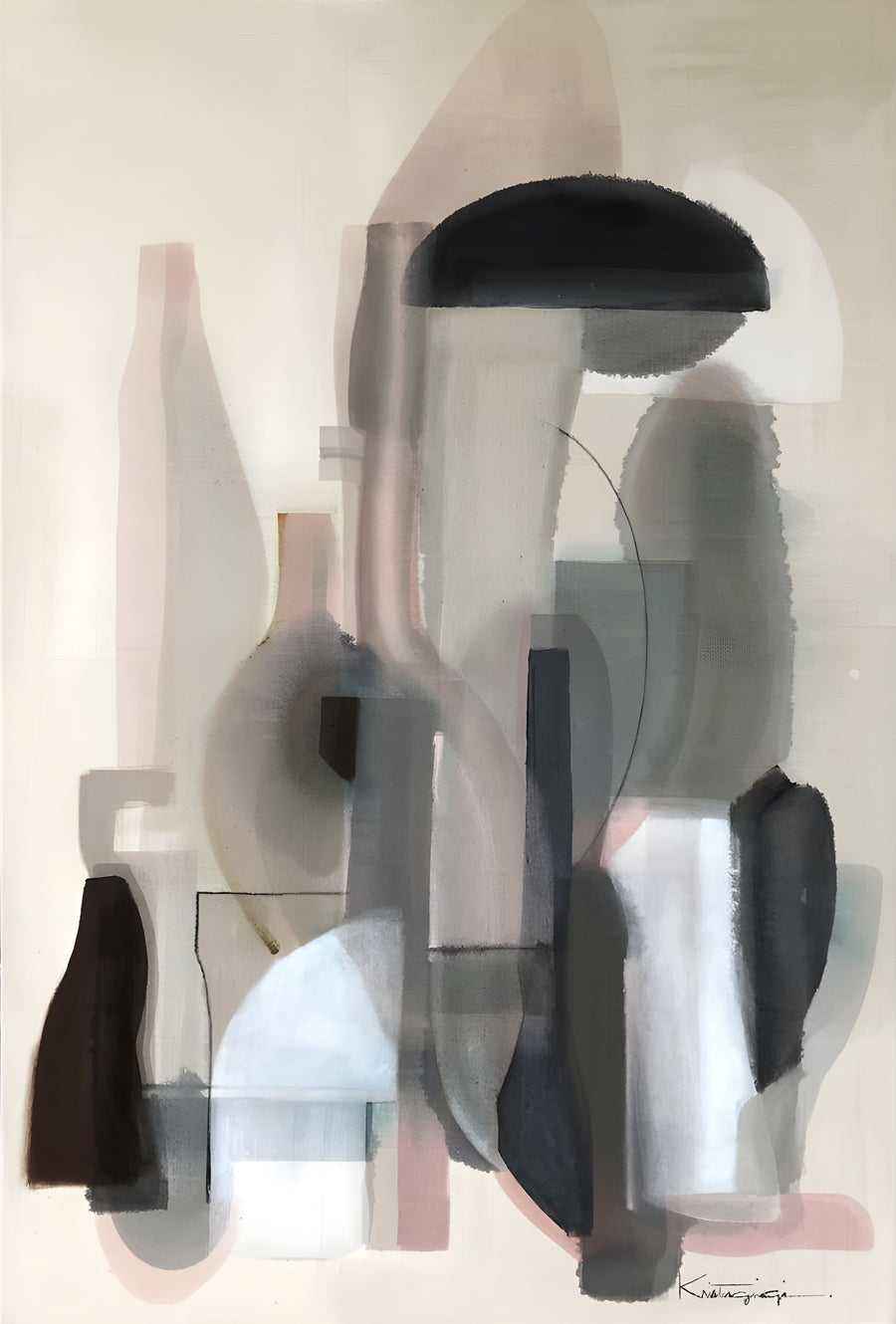 Still Life in Grey - bottles and vessels flattened into overlapping shapes in stone, black and pale blue, on a metal wall art plate