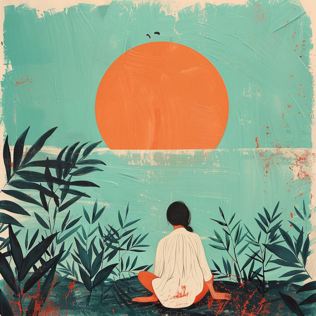 Still Water Sun - a lone figure sits among dark bamboo leaves, watching a burnt orange sun sink into calm teal water, on a metal wall art plate