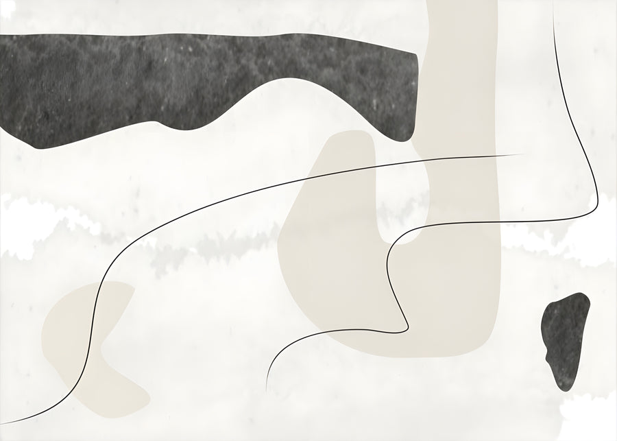 Stone Shapes - soft grey and stone shapes drifting across white, tied together with one thin line, on a metal wall art plate