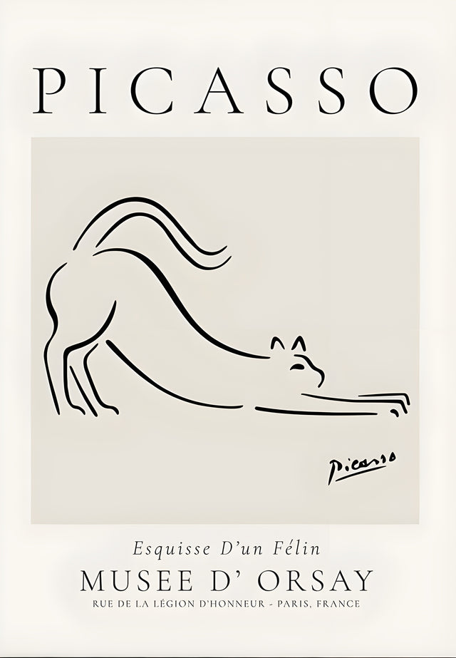 Stretching Cat - a cat stretching, drawn in one unbroken line beneath printed exhibition type, on a metal wall art plate