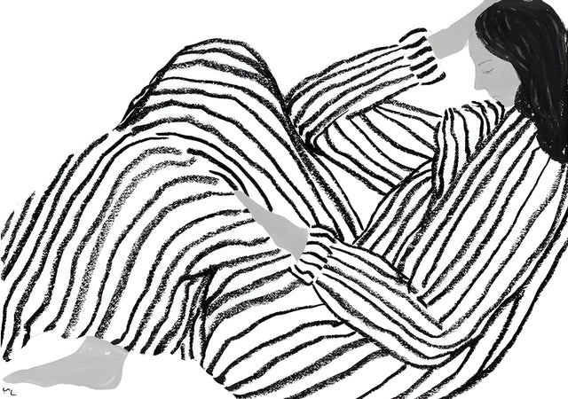 Striped Blanket - two figures wrapped together in a striped blanket, drawn in fine repeated line, on a metal wall art plate