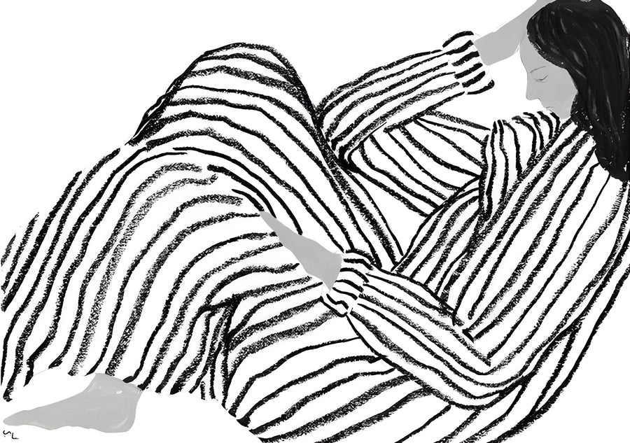 Striped Blanket - two figures wrapped together in a striped blanket, drawn in fine repeated line, on a metal wall art plate