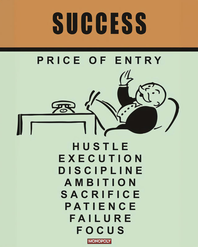 Success – Price of Entry - sUCCESS — “Price of entry” — in the style of a vintage board-game card, burnt orange, with the, on a metal wall art plate