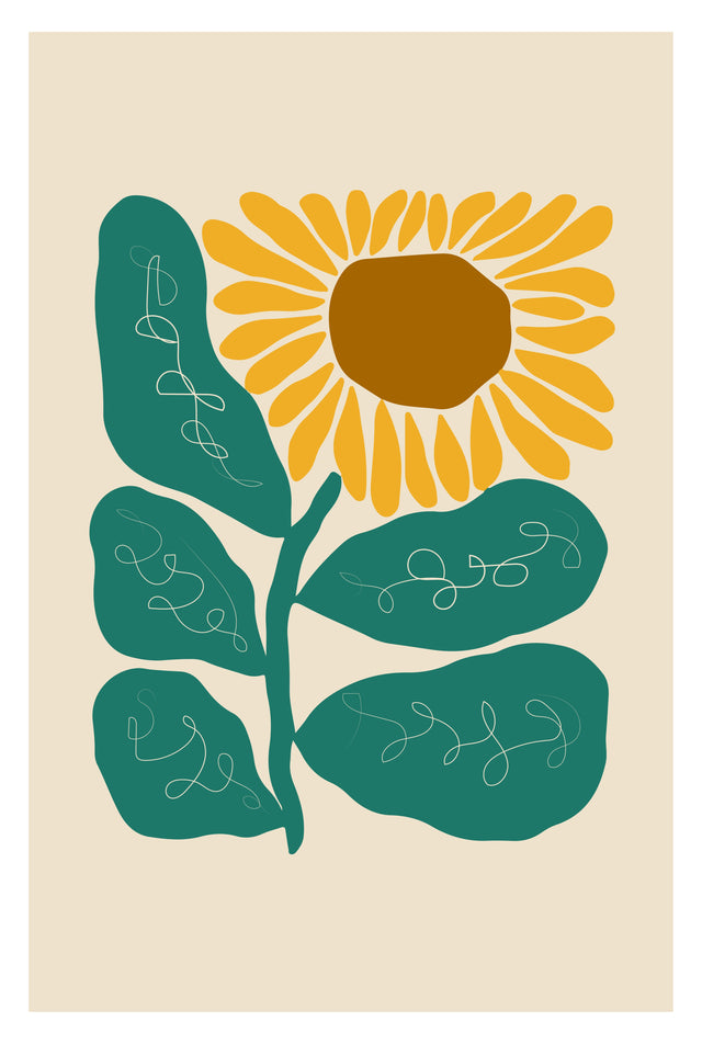 Sunflower Sketch - a single oversized sunflower is reduced to warm golden petals, a rich brown centre and broad green leaves, on a metal wall art plate