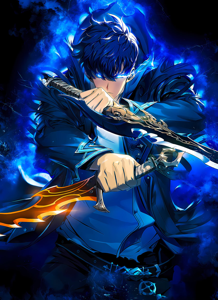 Sung Jinwoo – In Blue - a swordsman drawing a blade in cold blue light, on a metal wall art plate