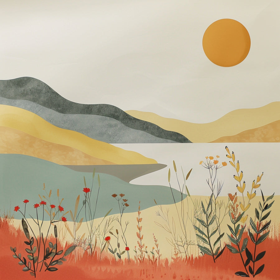 Sunlit Meadow - delicate meadow flowers and grasses fill the foreground of a softly layered yellow