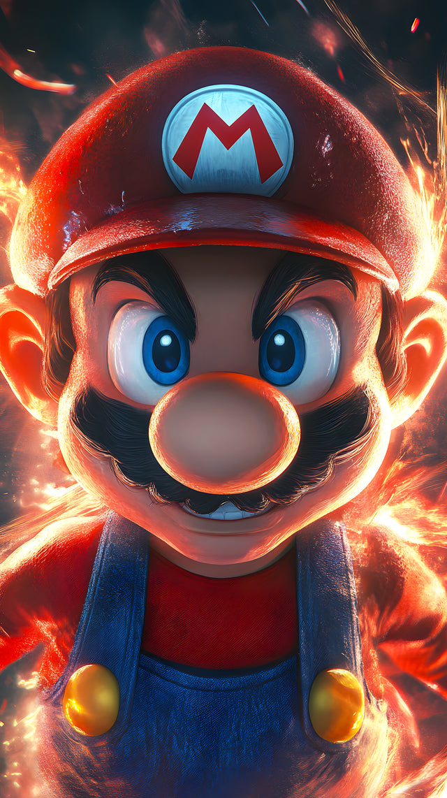 Mario stares straight down the lens with fire roaring up behind him, every edge of the cap and overalls catching the glow