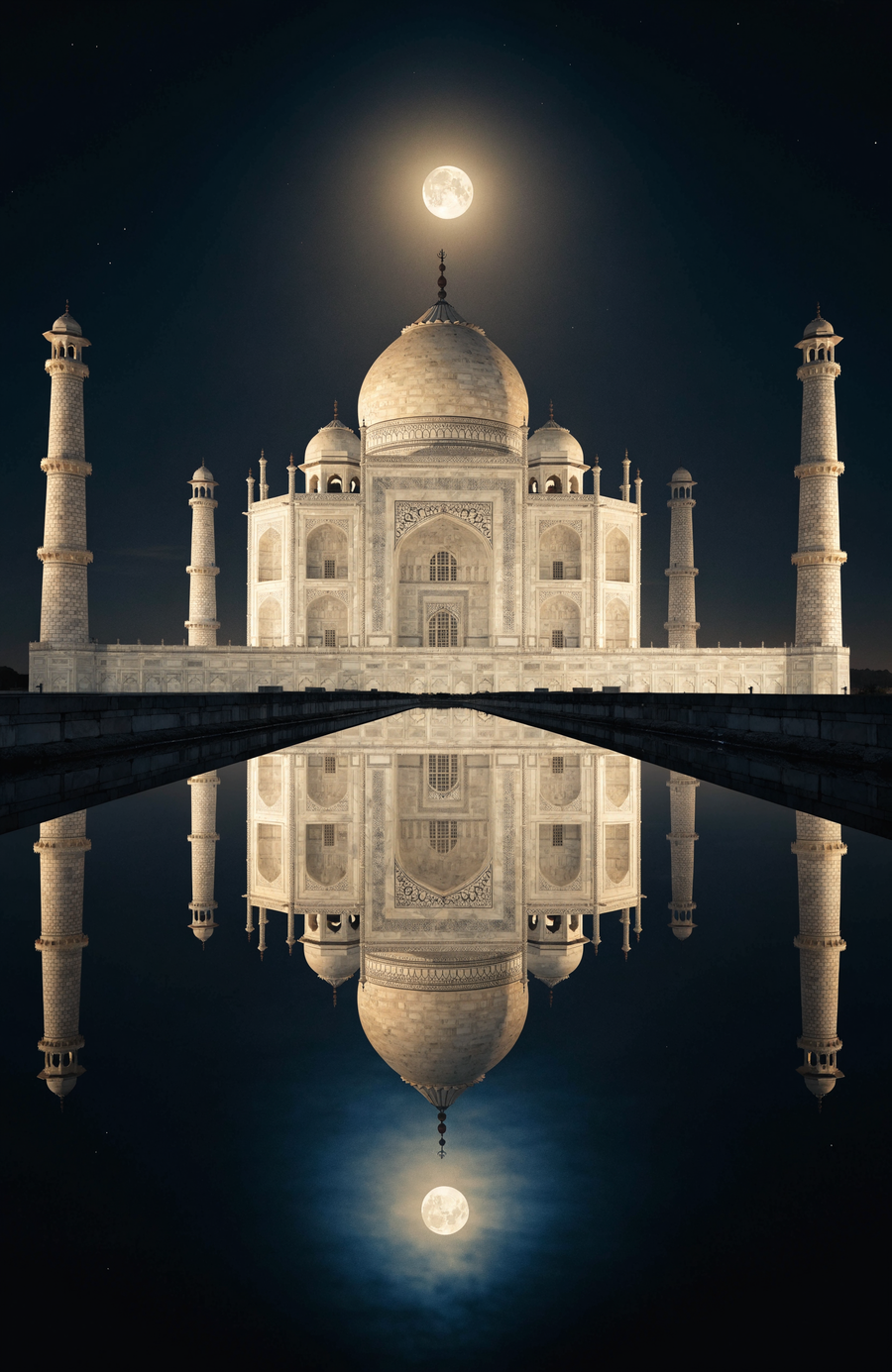 The Taj Mahal holds its own reflection in the long water channel under a full moon, the marble lit soft gold