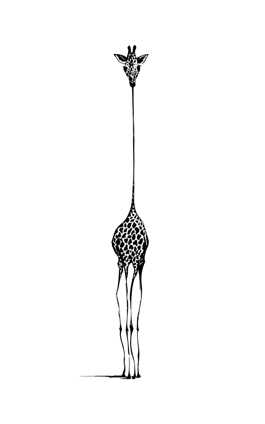 Tall Giraffe - a giraffe drawn impossibly tall and thin, alone on white, on a metal wall art plate